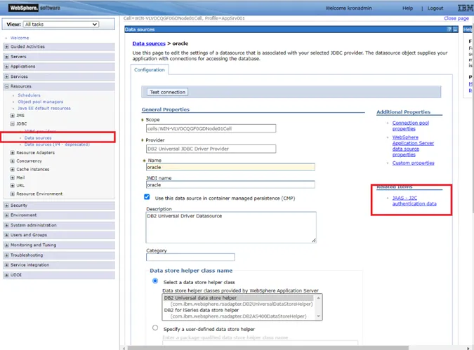 IBM Websphere Data Source Management Screen  