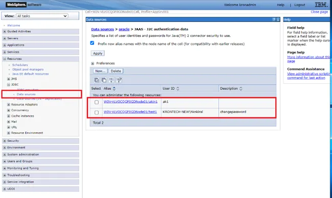 Websphere Data Source Management Screen
