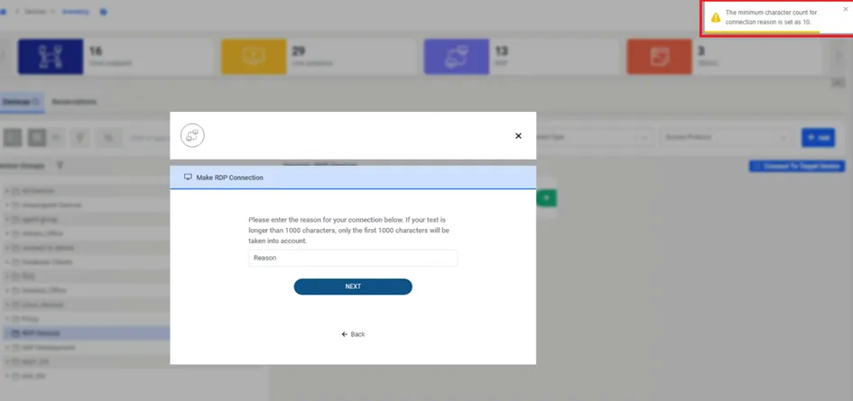 Reason field for RDP connections with a character limit