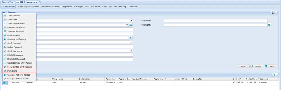 Permissions option for an SAPM Account