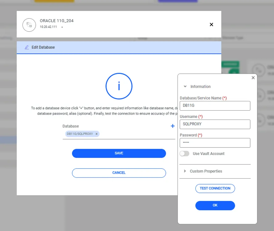 Credenciales del dispositivo de base de datos