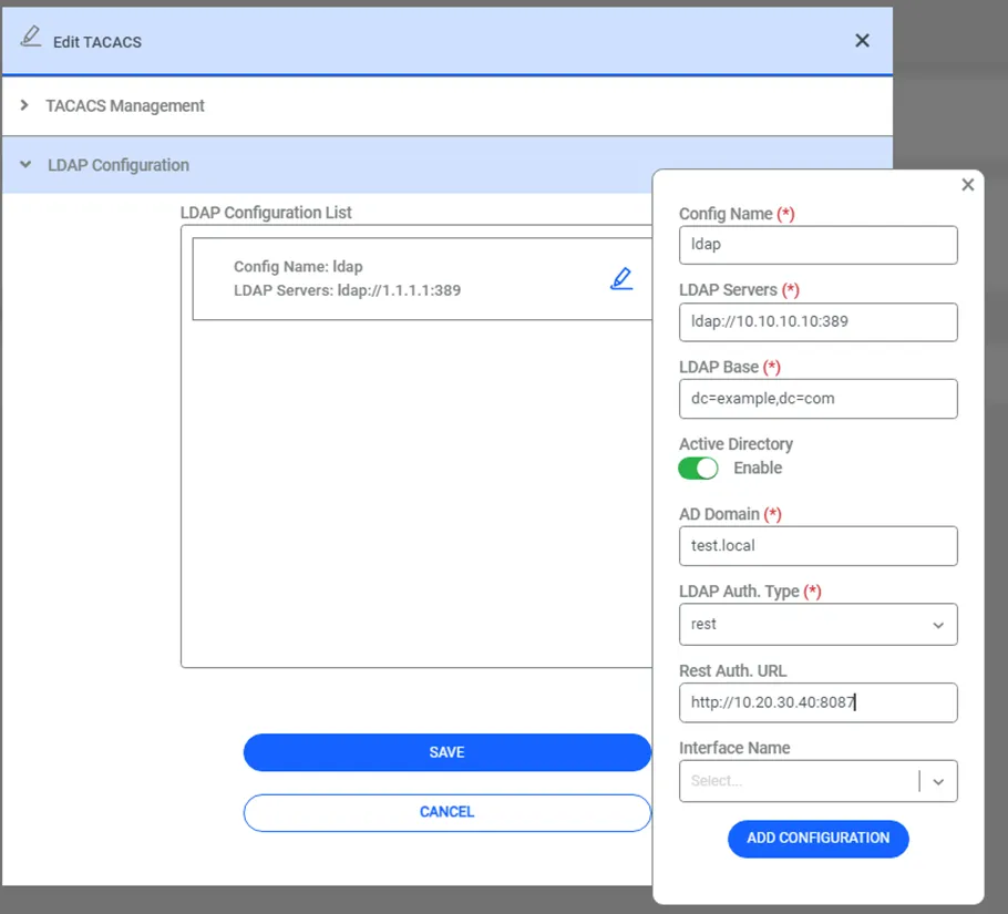TACACS+ Management “Add Configuration” popup TACACS+ Management “Add Configuration” popup