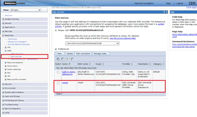 IBM Websphere Data Source Management Screen