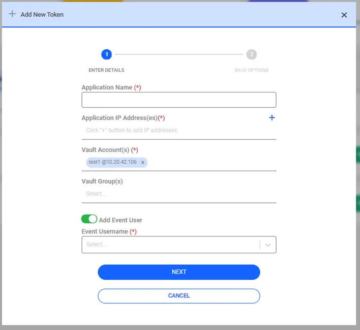 Application Token – Add Password Vault  Account Pop-up Screen