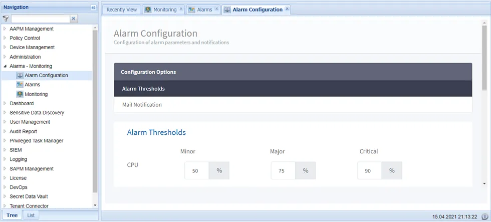 Alarm Configuration Screen
