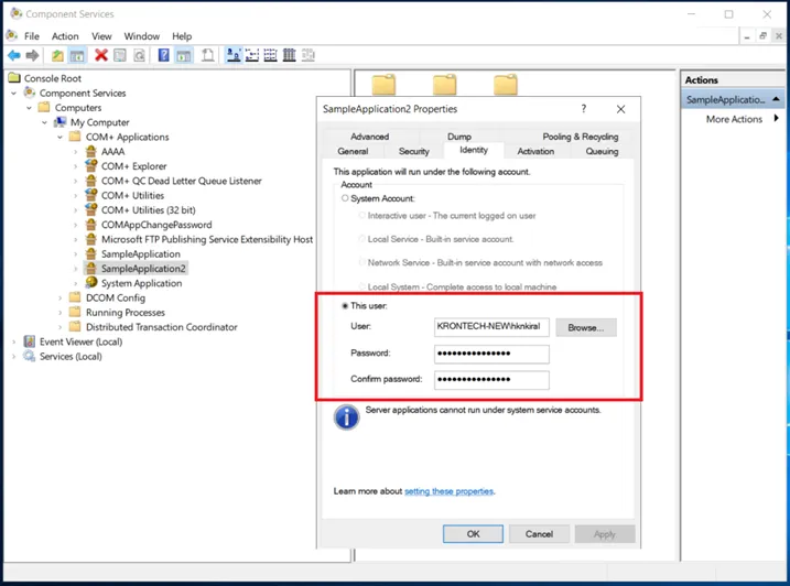 Windows Component Services Screen