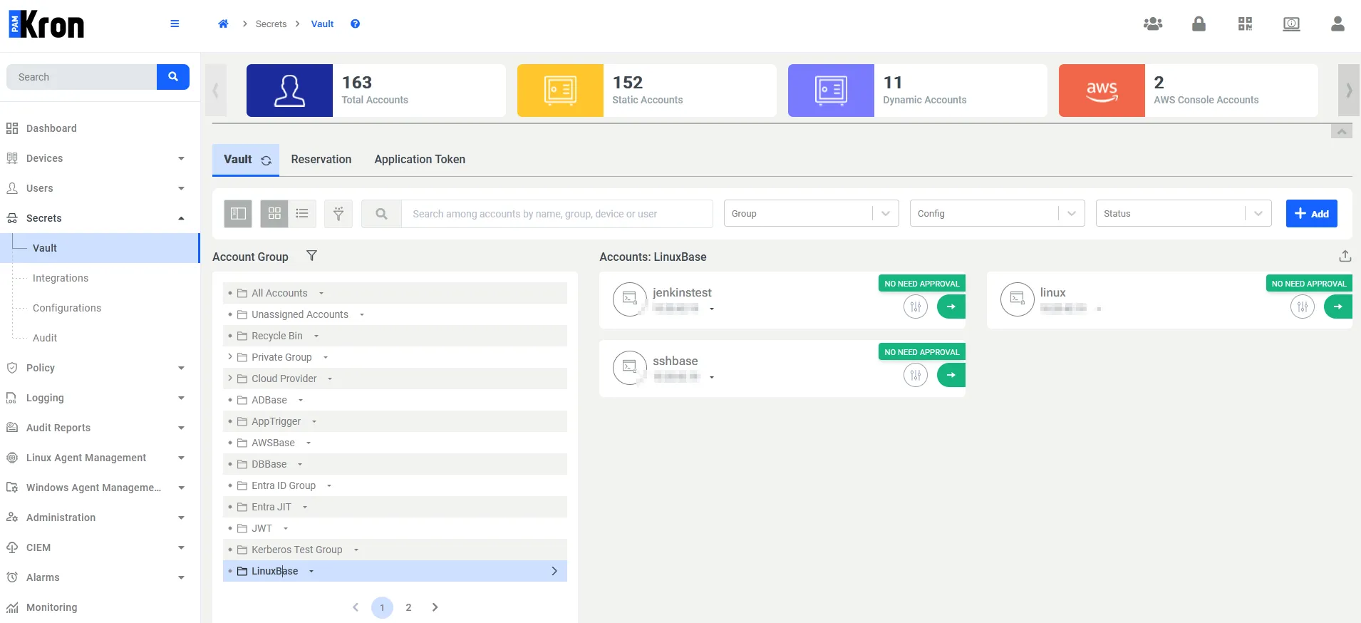 Figure 1 – Kron PAM Vault, LinuxBase account group with the jenkinstest account.