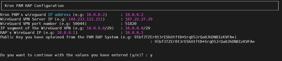 Filling in the necessary values for the Kron PAM Server installation