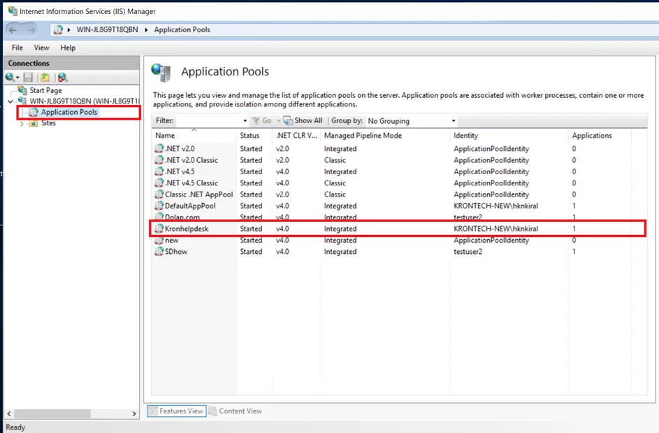 IIS Application Pools Definition Screen IIS Application Pools Definition Screen