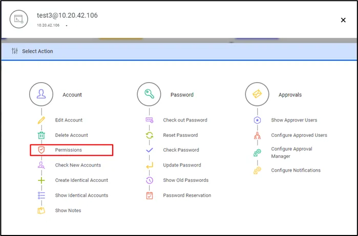 Permissions option for an Password Vault Account
