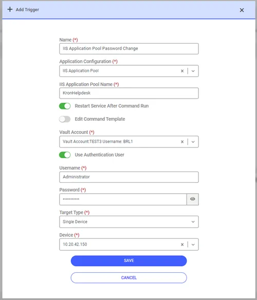 Application Trigger Definition Screen for IIS Application Pool Strategy