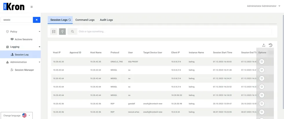 Session Logs Page