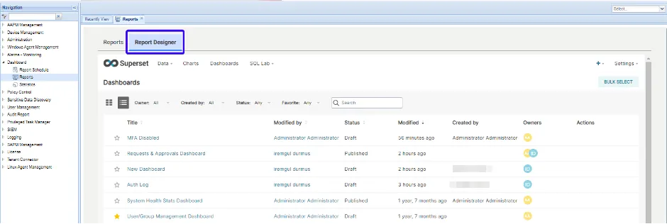 Report Designer Tab of the Reports Screen (accessible to the Admin user) Report Designer Tab of the Reports Screen (accessible to the Admin user)