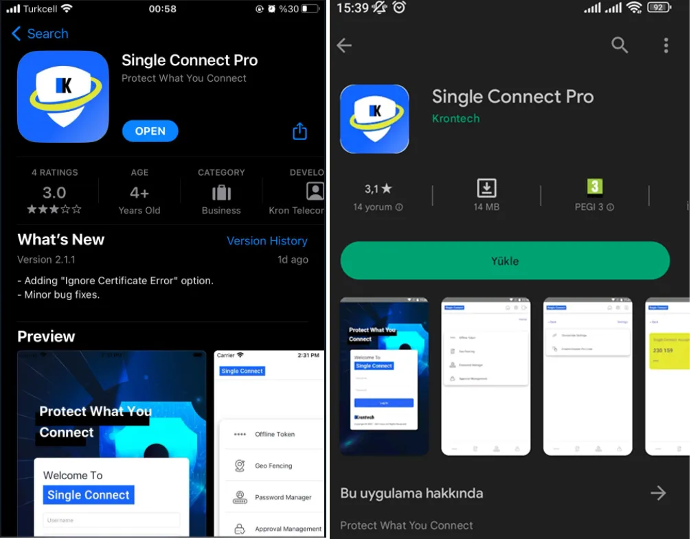 Apple / Google Store Single Connect Application