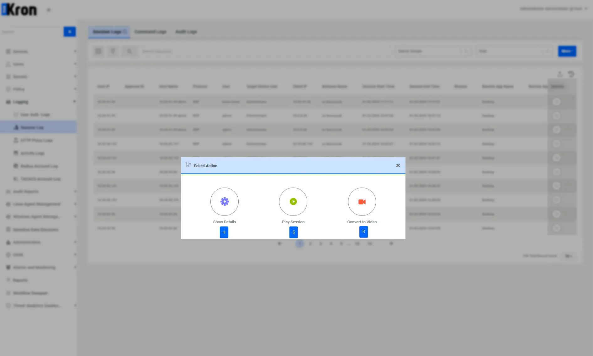 Ventana emergente Select Action del registro de sesión RDP (esta ventana emergente es la misma en todos los tipos de conexiones)
