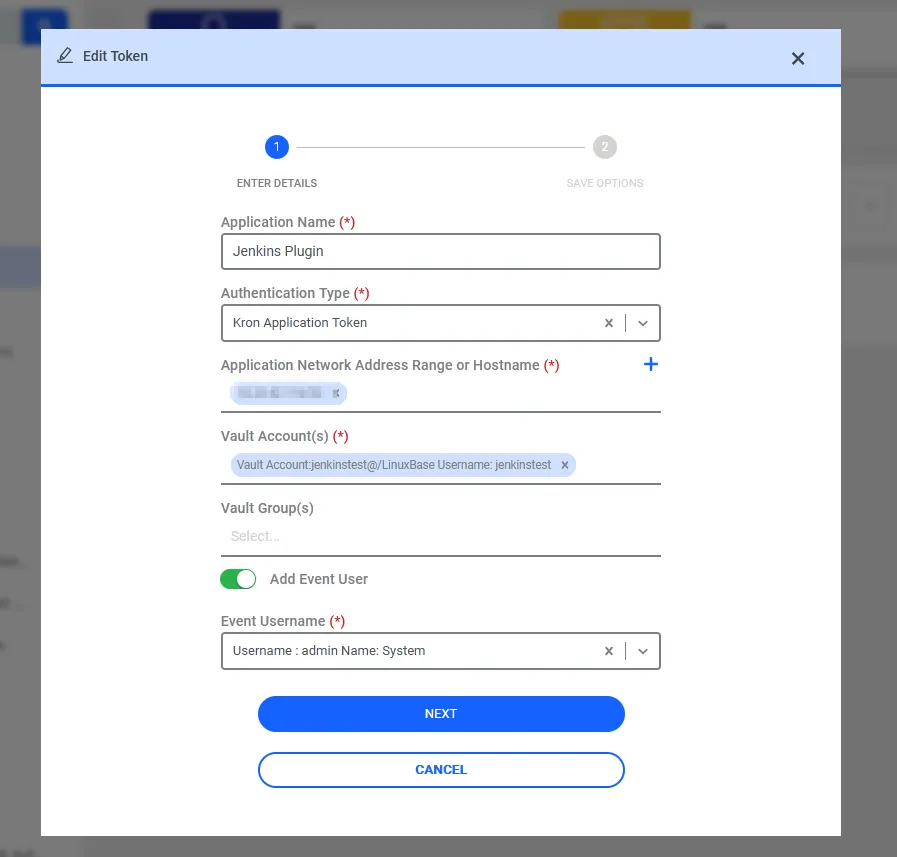 Figure 3 – Edit Token form with application name, address range, and vault account.