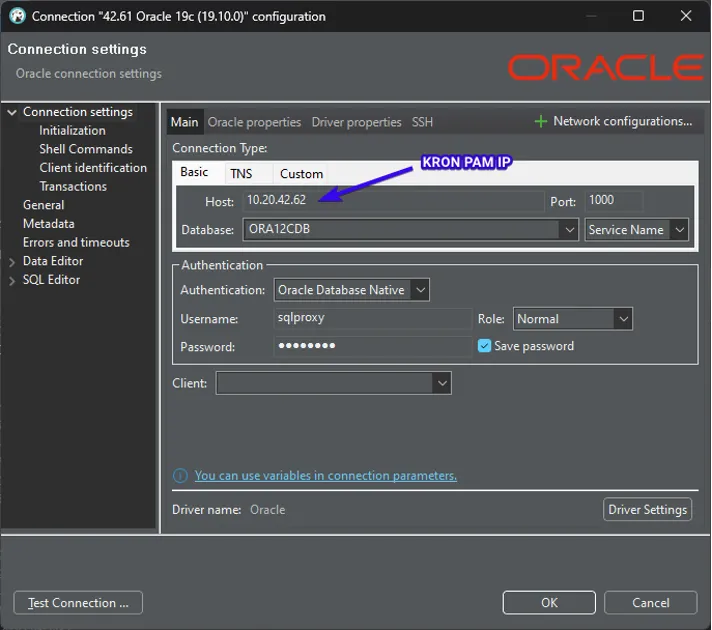 Demonstrates the screen for connecting via an SQL client. 