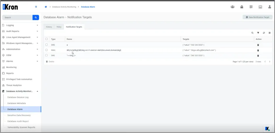 Pestaña Notification Targets