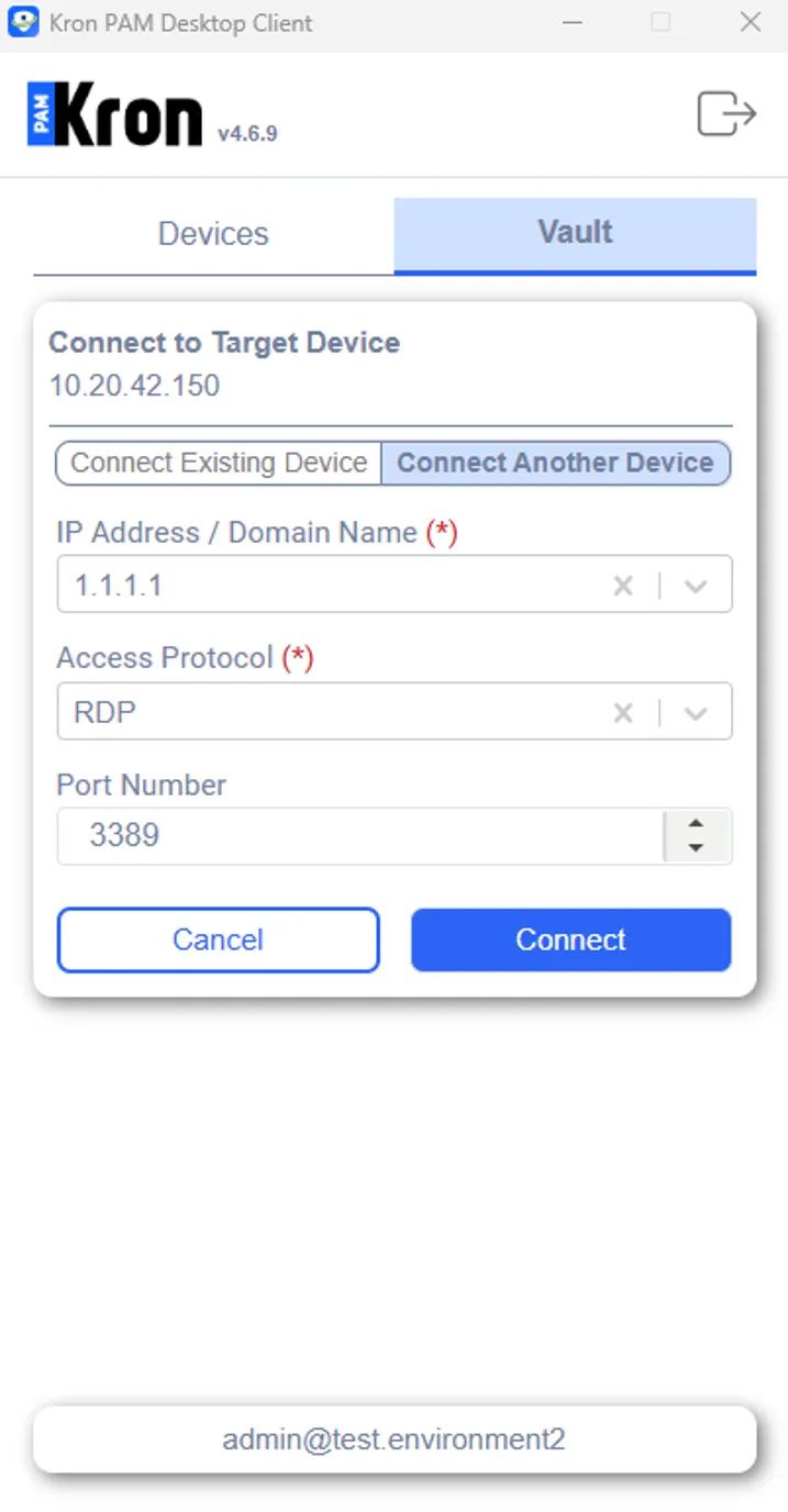 Connect to Another Device using the Connect to Target Device Feature over Password Vault