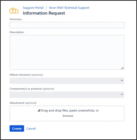 Information Request or Improvement Request Creation Screen on the Support Portal