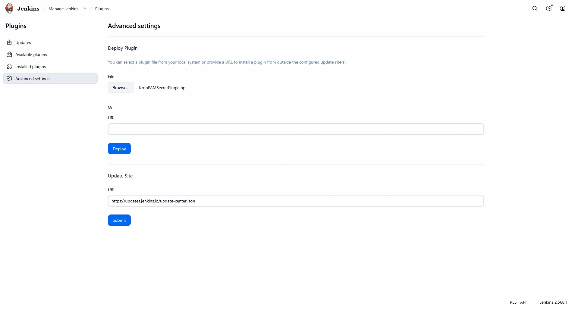 Figure 6 – Uploading the plugin .hpi file via Manage Plugins > Advanced (Kron PAM documentation).
