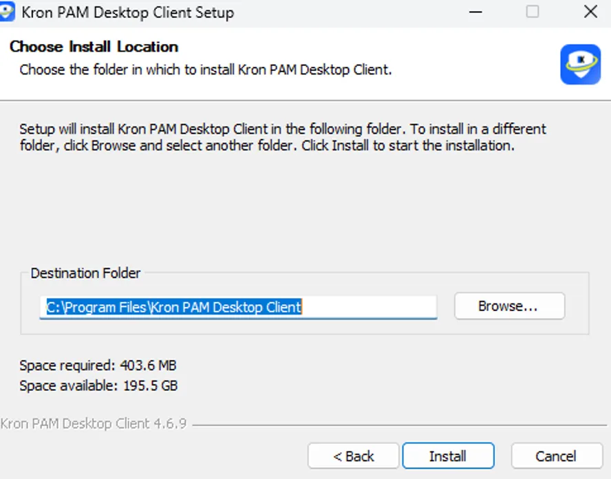 The user and destination selection for the installation of the Kron PAM Desktop Client