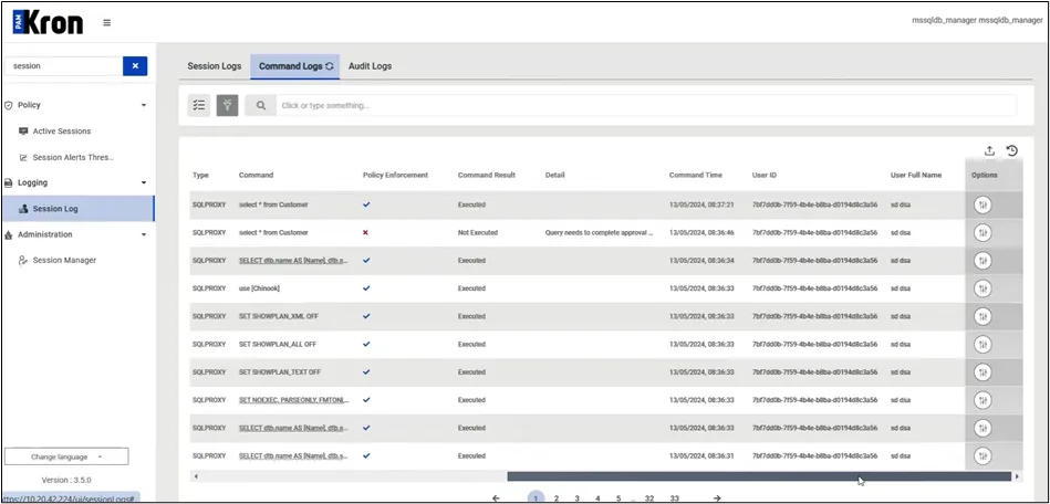 Connection and query logs screen. Connection and query logs screen.