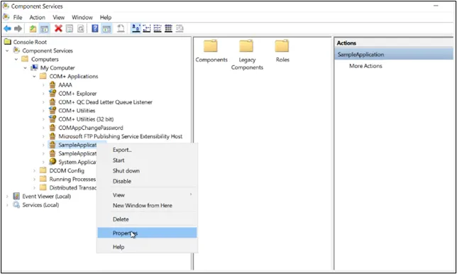 Windows Component Services Screen