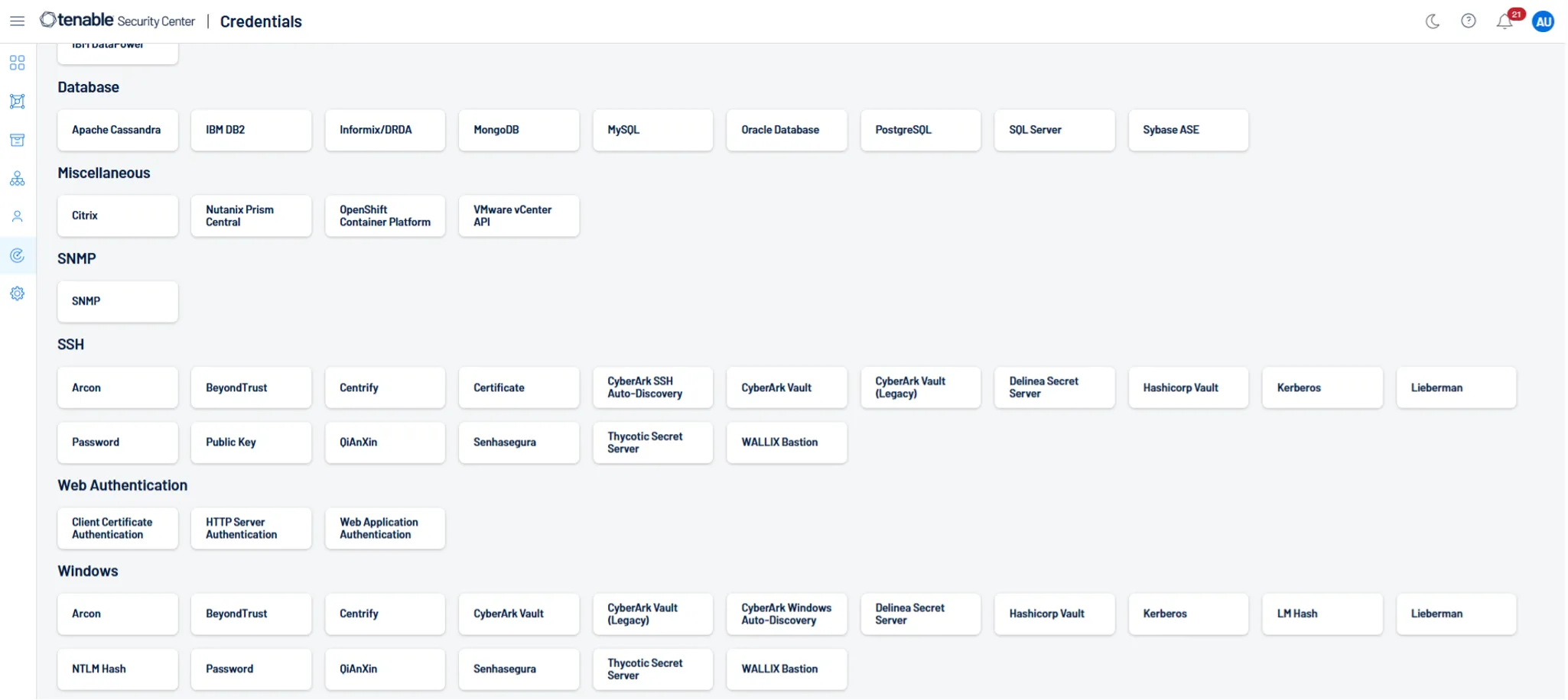 Tenable Security Center - Credentials Menu