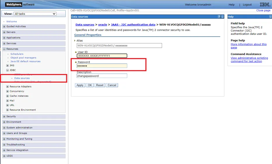 Websphere Data Source Management Screen