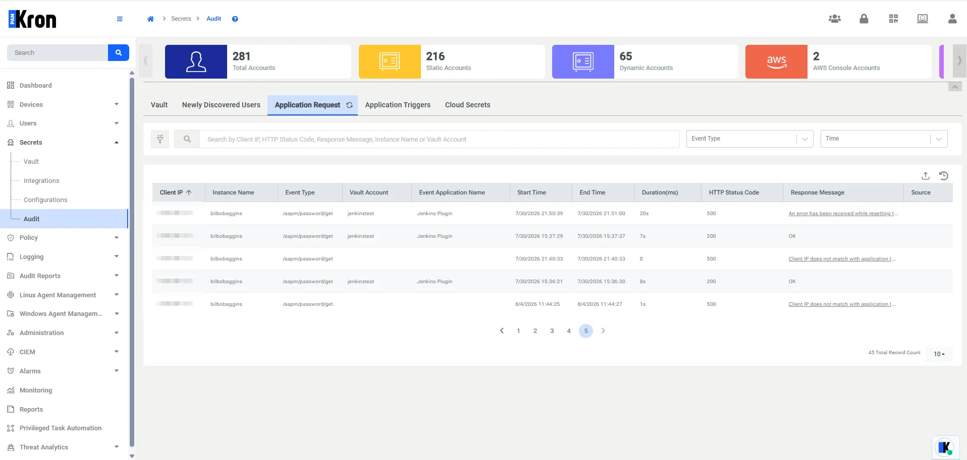 Figure 15 – Kron PAM Audit log Application Request tab, showing AAPM password requests from the Jenkins Plugin