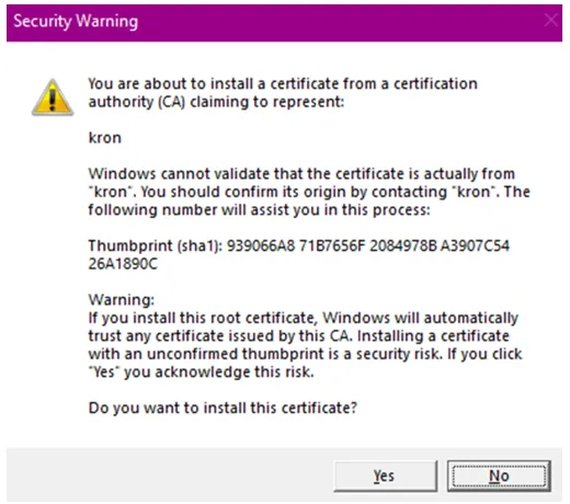 Warning before you install the certificate Warning before you install the certificate