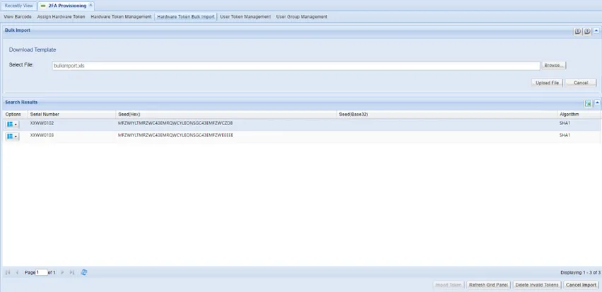 Hardware Token Bulk Import Menu