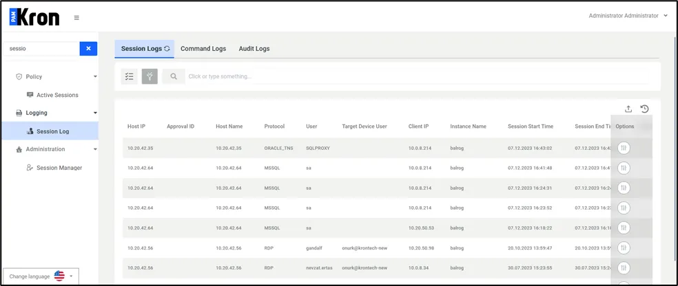 Session Logs Page