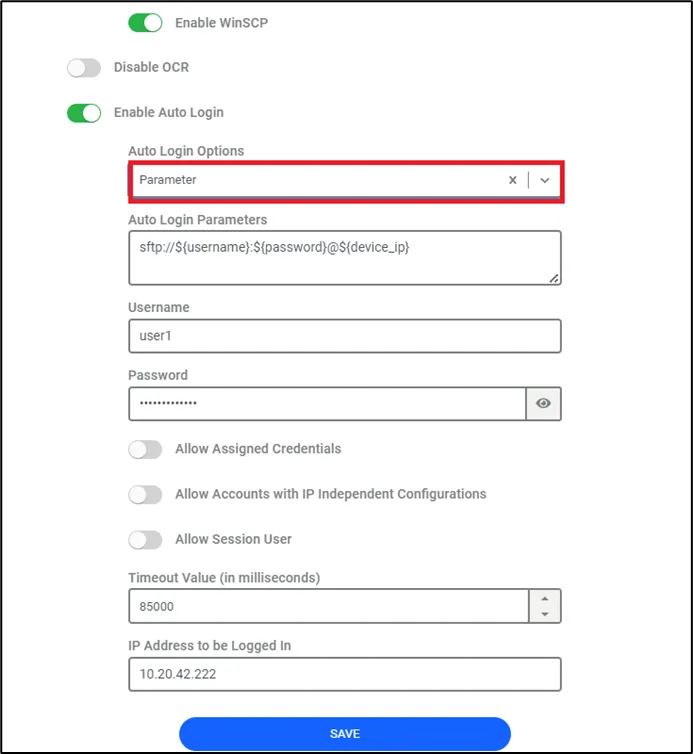 Auto Login Parameters Window for Parametric Solution