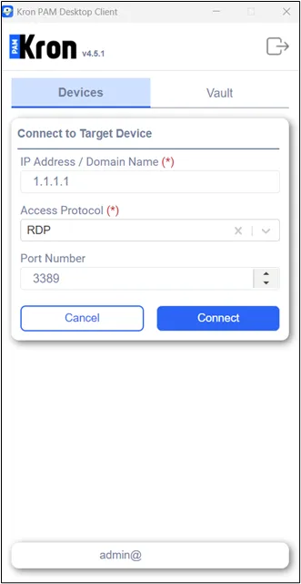 Using the connect to target device feature on Kron PAM Desktop Client