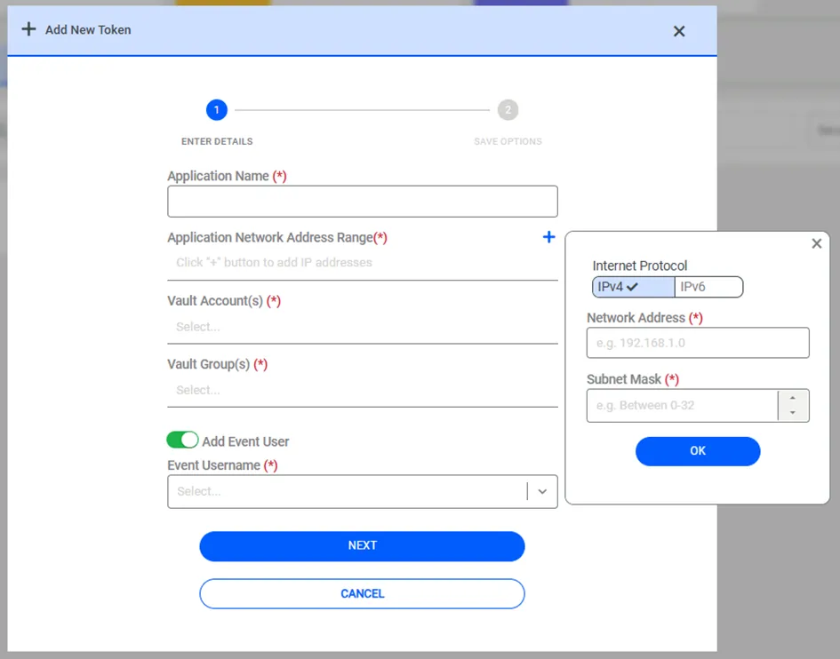 Ventana emergente AAPM Application Network Address Range