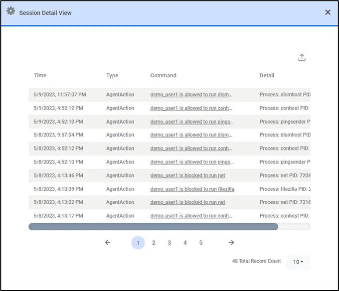 Session log details