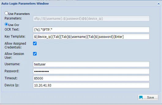 Auto Login Parameters Window for OCR