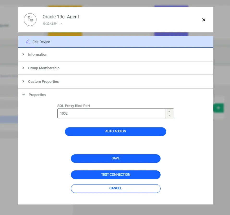 Adición de dispositivo de base de datos / Puerto de enlace de SQL PROXY en la sección Propiedades