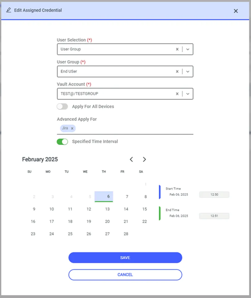 Assigned Credential Specific Time Interval Definition Screen