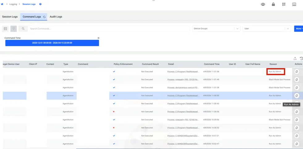 Run As Admin logs on the Command log Page 