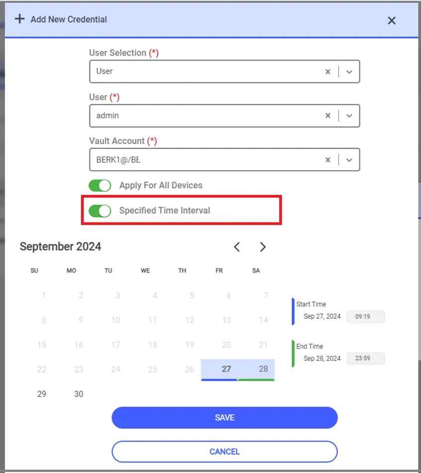 Assigned Credential Specific Time Interval Definition Screen Assigned Credential Specific Time Interval Definition Screen