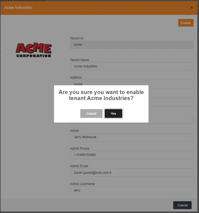 “Enable Tenant” dialog box “Enable Tenant” dialog box