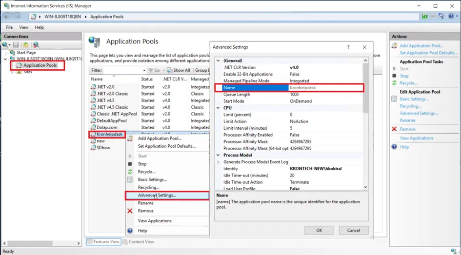 IIS Application Pools Name Show Screen