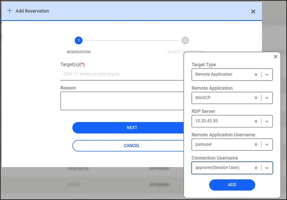 Remote Application selection in the Connection Reservation tab