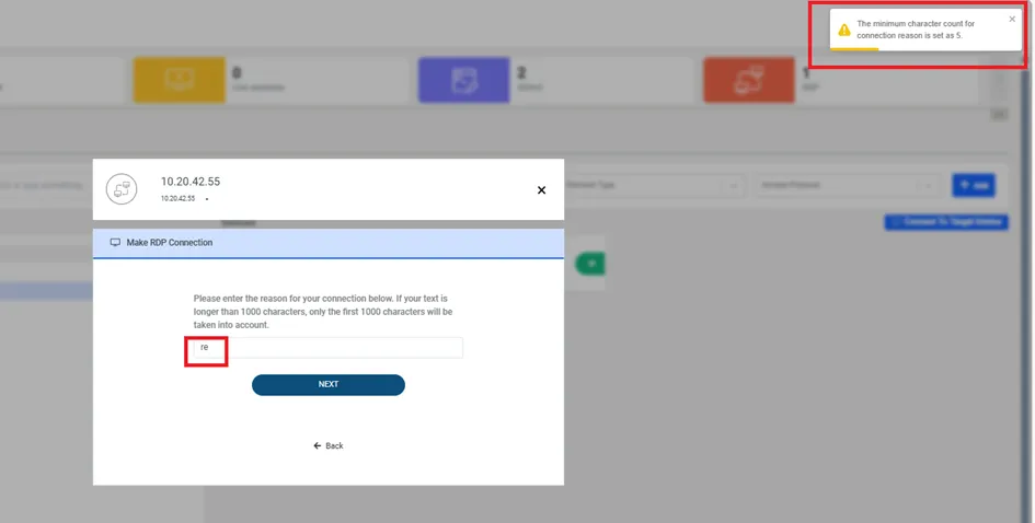Reason field for RDP connections with a character limit