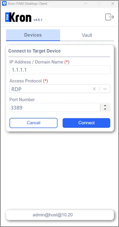 Using the connect to target device feature for RDP device on Kron PAM Desktop Client