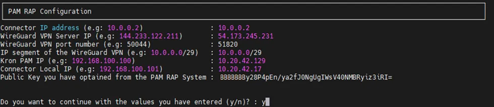 Filling in the necessary values for the Secure Remote Access Connector installation