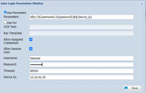 Auto Login Parameters Window for Parametric Solution